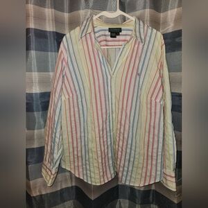 1X Lauren Ralph Lauren VNTG,Rainbow Stripe,Buttons,Pink Logo Embroider,Plus Size